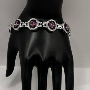 NEW Red & White CZ with Black Enamel Silvertone Oval Segment Bracelet! 7"